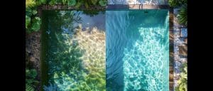 Before and after photo of a backyard pool in Cairns showing left side with green algae-filled water and right side sparkling clean, surrounded by tropical plants and paving.